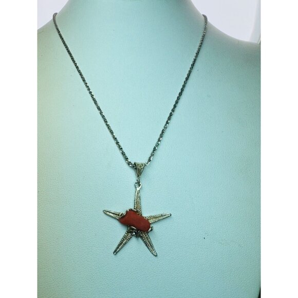Vintage Sterling Silver 925 Chain Necklace w/ Starfish Pendant Red Coral Center - Picture 5 of 15